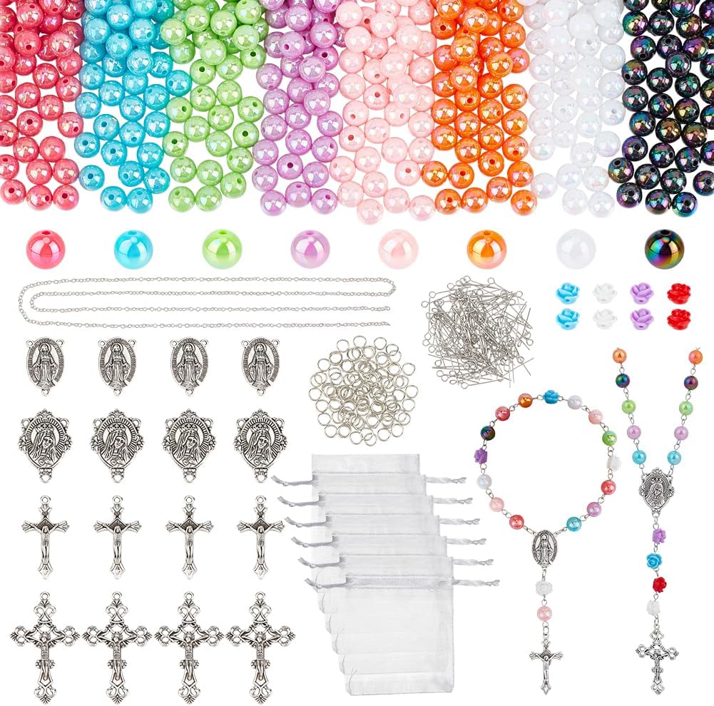 PH PandaHall 1147pcs DIY Rosary Jewelry Making Kit, 8mm Round Acrylic Beads Resin Flower Beads Cross Crucifix Charms with Accessories Chain for Ramadan First Communion Easter Necklace Jewelry Making