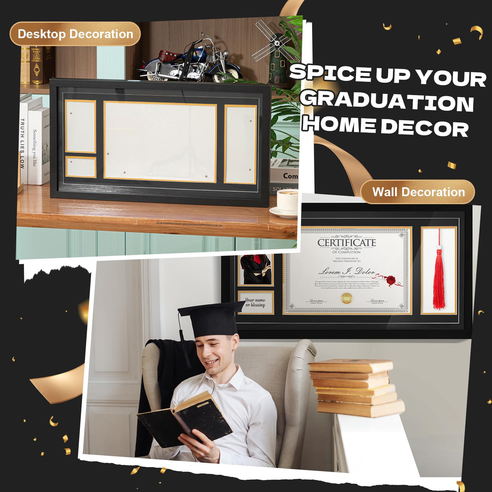 Briwooody Diplomrahmen mit Quastenhalter und Stola-Halter, Holzvitrine für Diplome und Fotoklasse 2025, Abschlussklasse, Andenken (Schwarz, Medium)