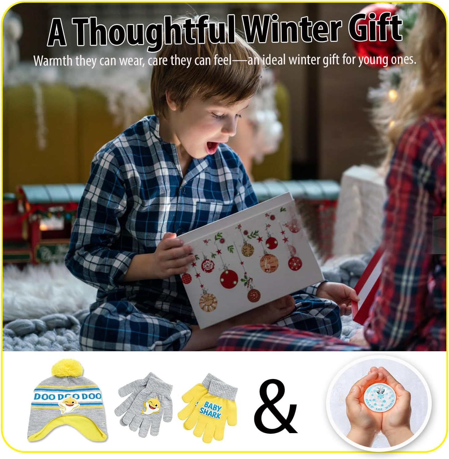 Nicklelodeon Boy's Baby Shark Winter Hat and 2 Pairs of Mittens Set (Toddler/Little Boys), Size Age 2-7, Yellow/Grey Glove with Handwarmers