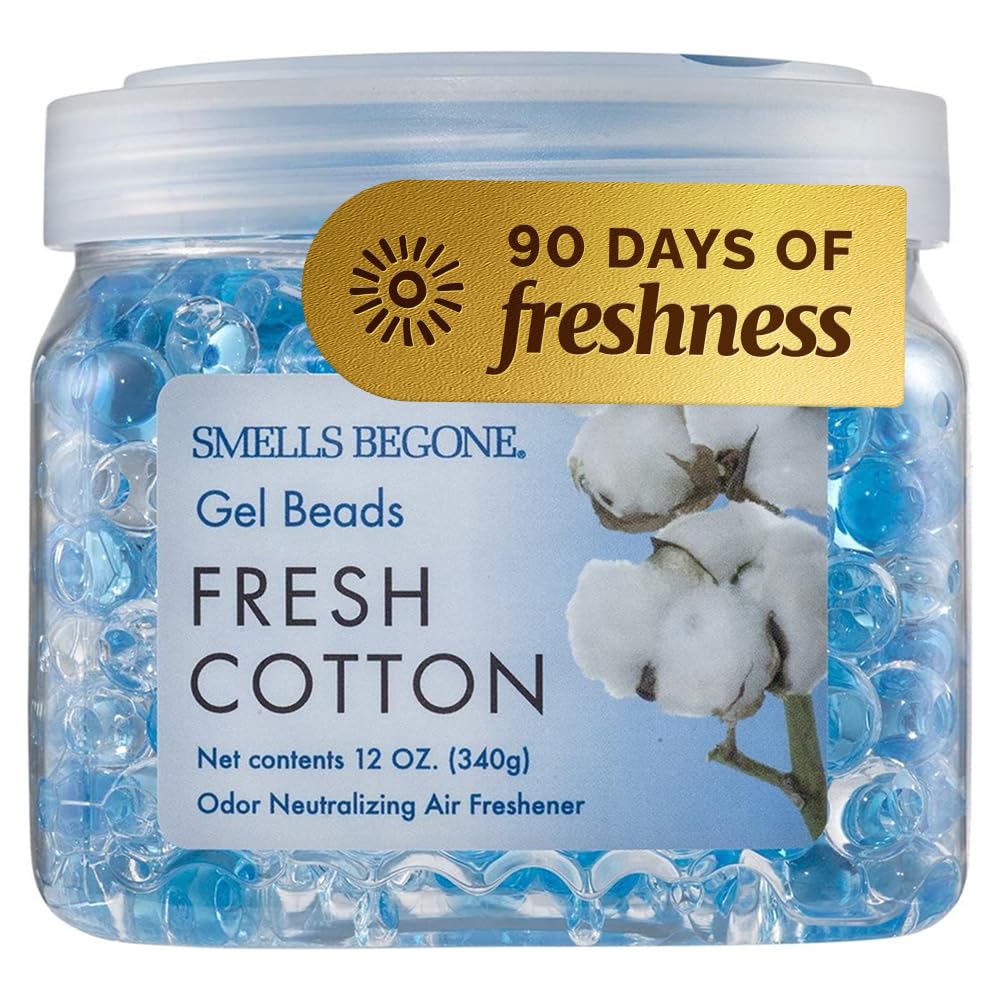 SMELLS BEGONE Odor Eliminator Gel Beads - Air Freshener - Eliminates Odor in Bathrooms, Cars, Boats, RVs & Pet Areas - Made with Essential Oils - Fresh Cotton Scent - 12 Ounce