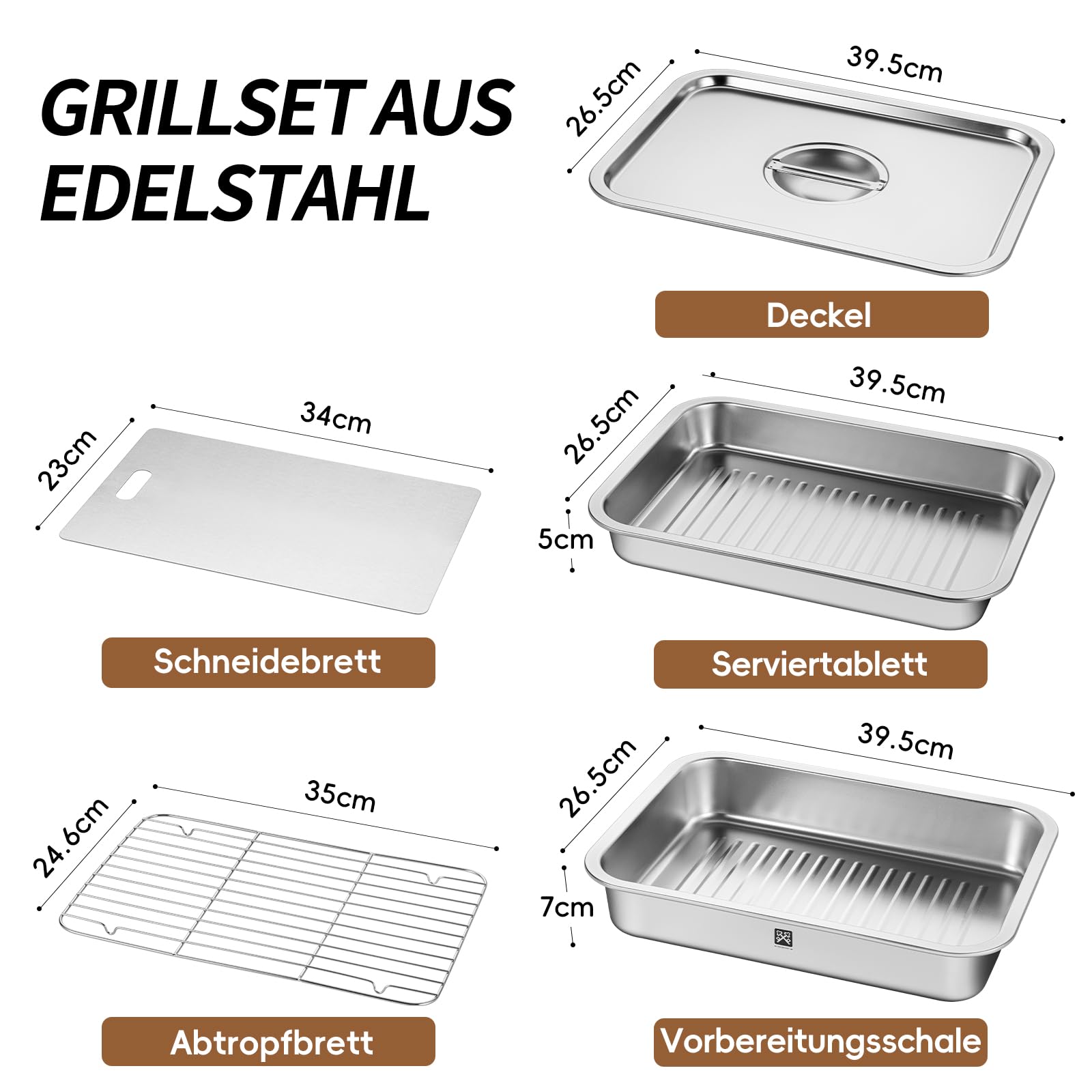 Edelstahl Grill Servierplatte mit Deckel 5-teiliges Set Vorbereitungsschale Marinierplatte Schneidebrett Abtropfgestell BBQ Camping