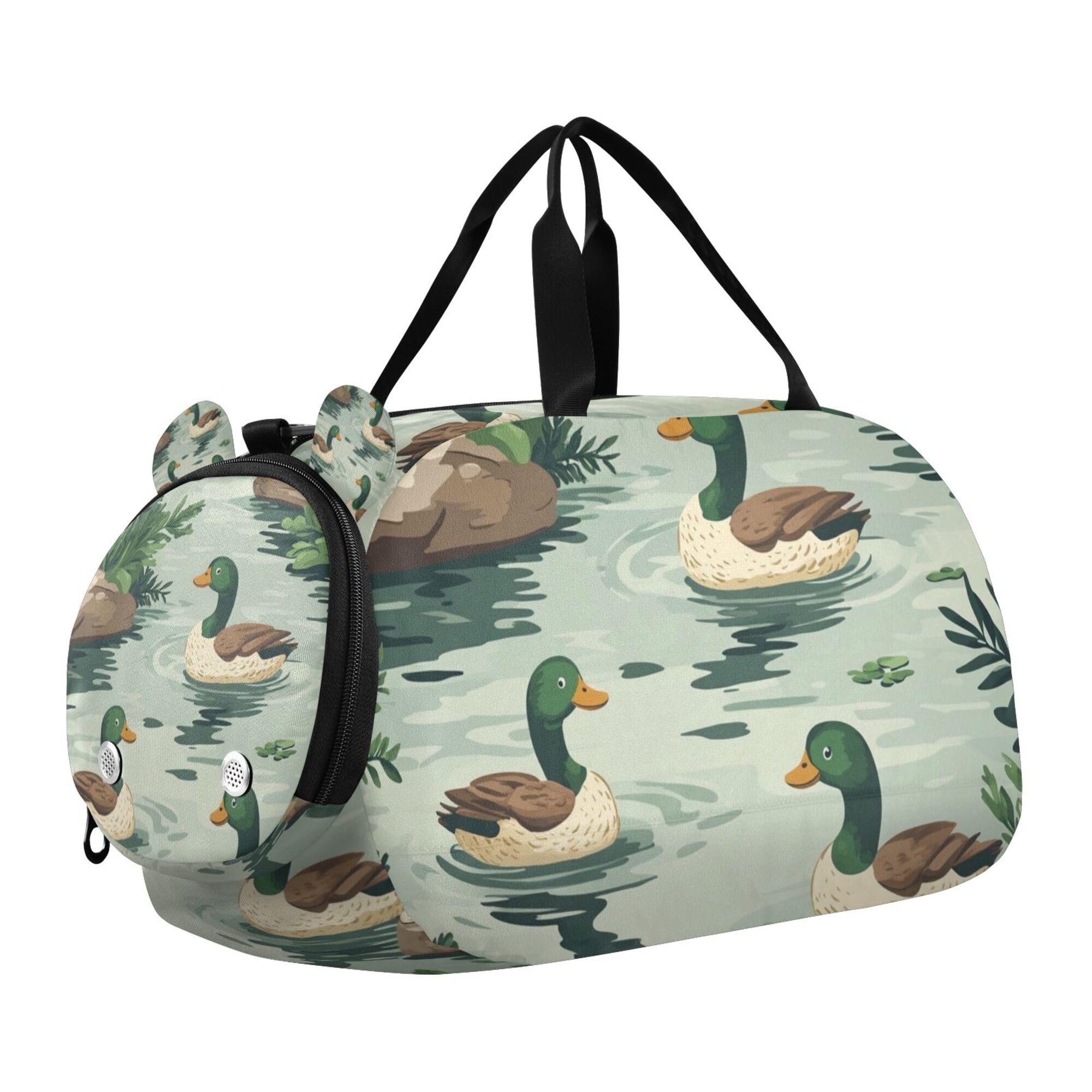 Glaphy Cartoon Green Ducks Duffle Bag for Toddler Girls Boys, Gym Sports Bag with Shoe Compartments, Kids Travel Overnight Weekender Shoulder Bag