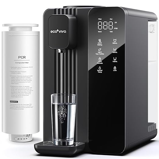 Ecoviva UV Countertop Reverse Osmosis System Water Filter, Hot Water Dispenser, 7-Stage Reverse Osmosis Filter, 3:1 Pure to Drain, TDS & Filter Life Monitor, Portable Water Purifier (Black)