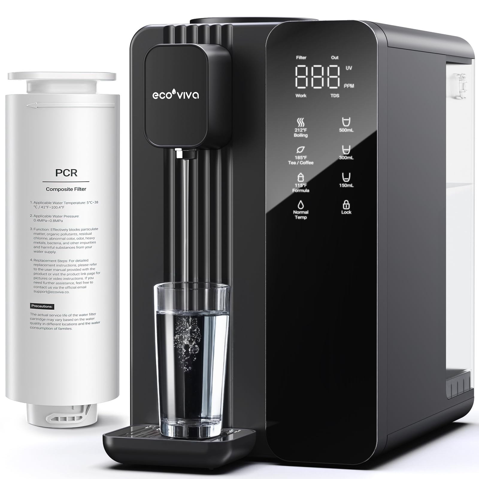 Ecoviva UV Auftisch Umkehrosmoseanlage Wasserfilter, Heißwasserspender, 7-stufige Umkehrosmose Filter, 3:1 Rein zu Abfluss, TDS & Filterlebensdauer-Monitor, tragbarer Wasserreiniger (schwarz)