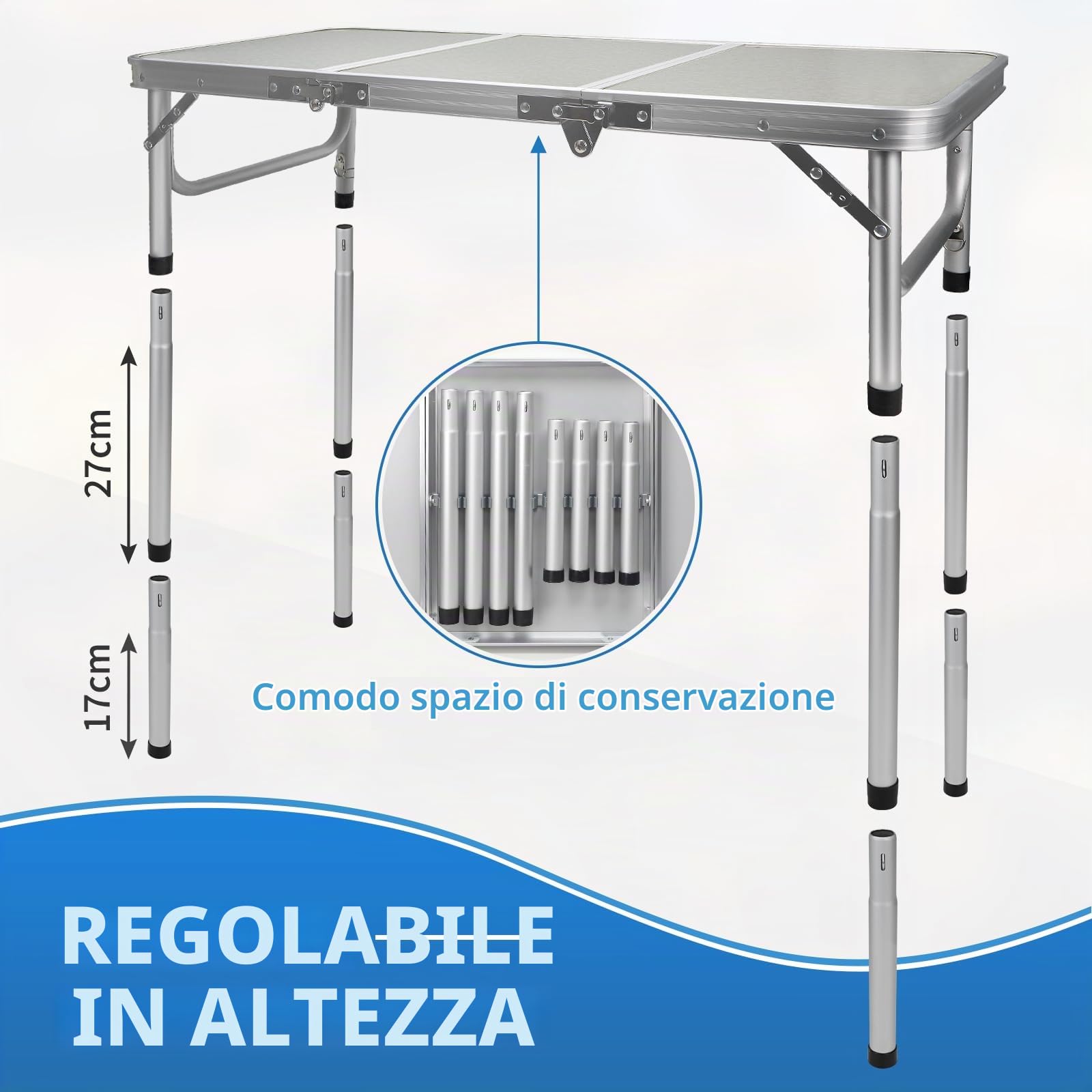 CPROSP Tavolo da Campeggio Portatile Pieghevole 90 * 40cm, da Picnic per Esterni Nero, Altezza Regolabile 26-70cm con Rete di Contenimento, Borsa per Il Trasporto Inclusa in Alluminio MDF 4 Persone