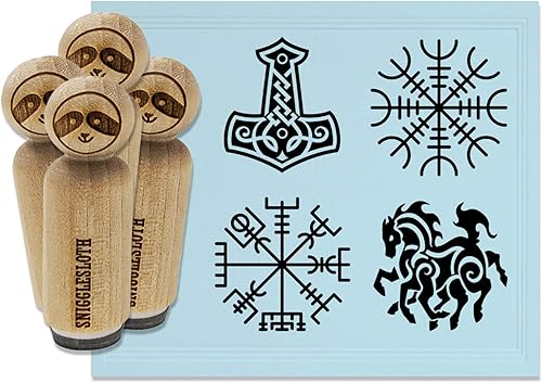 Norse Viking Symbols Protection Awe Mjolnir Hammer Horse Juego de sellos de goma para sellar planificadores de manualidades, 1 pulgada, mediano