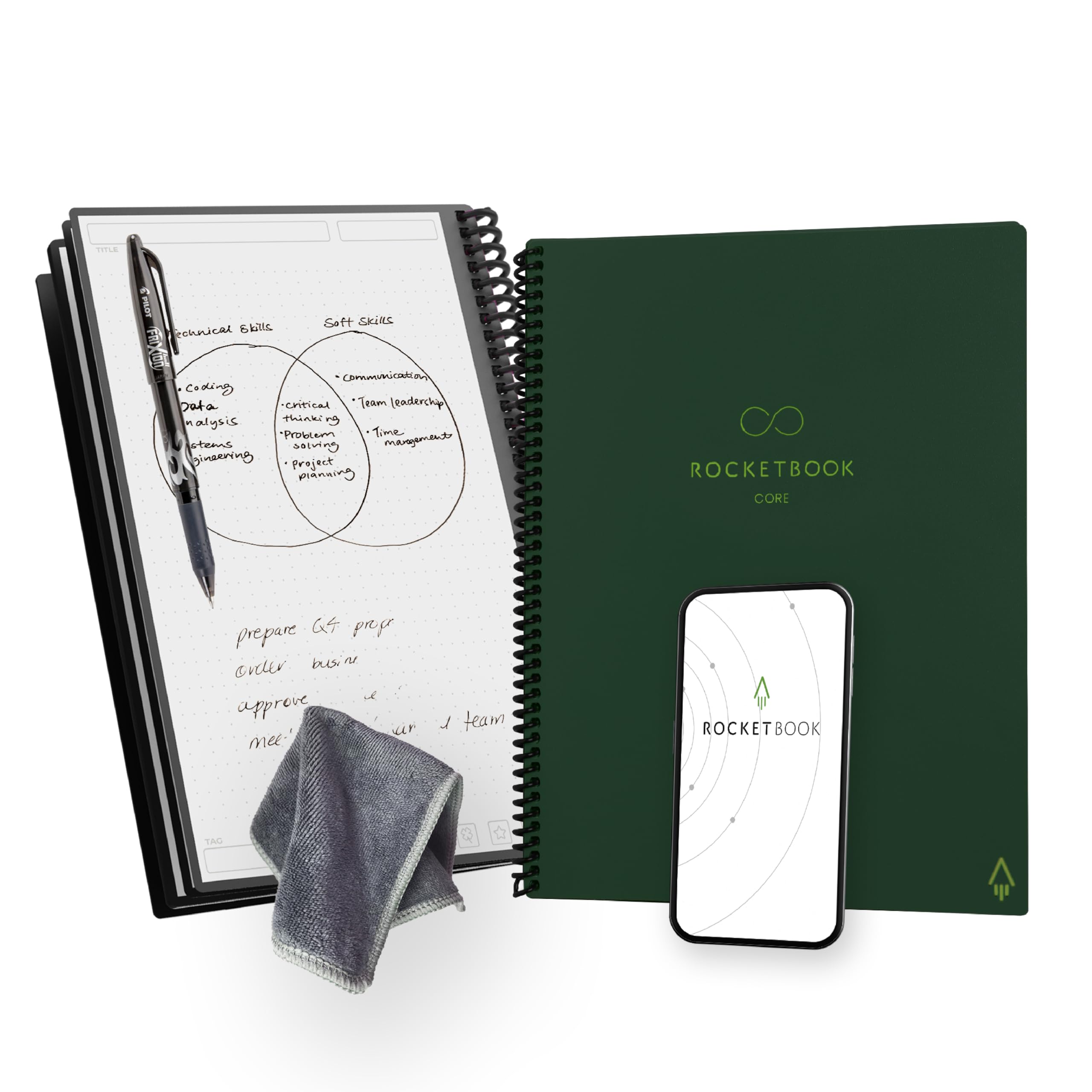 Rocketbook New Core Reusable Spiral Notebook, Letter Size 8.5x11, Green - Dotted Pages, App-Connected, Erasable, Durable Cover, Ideal for School, Work, and Creative Projects