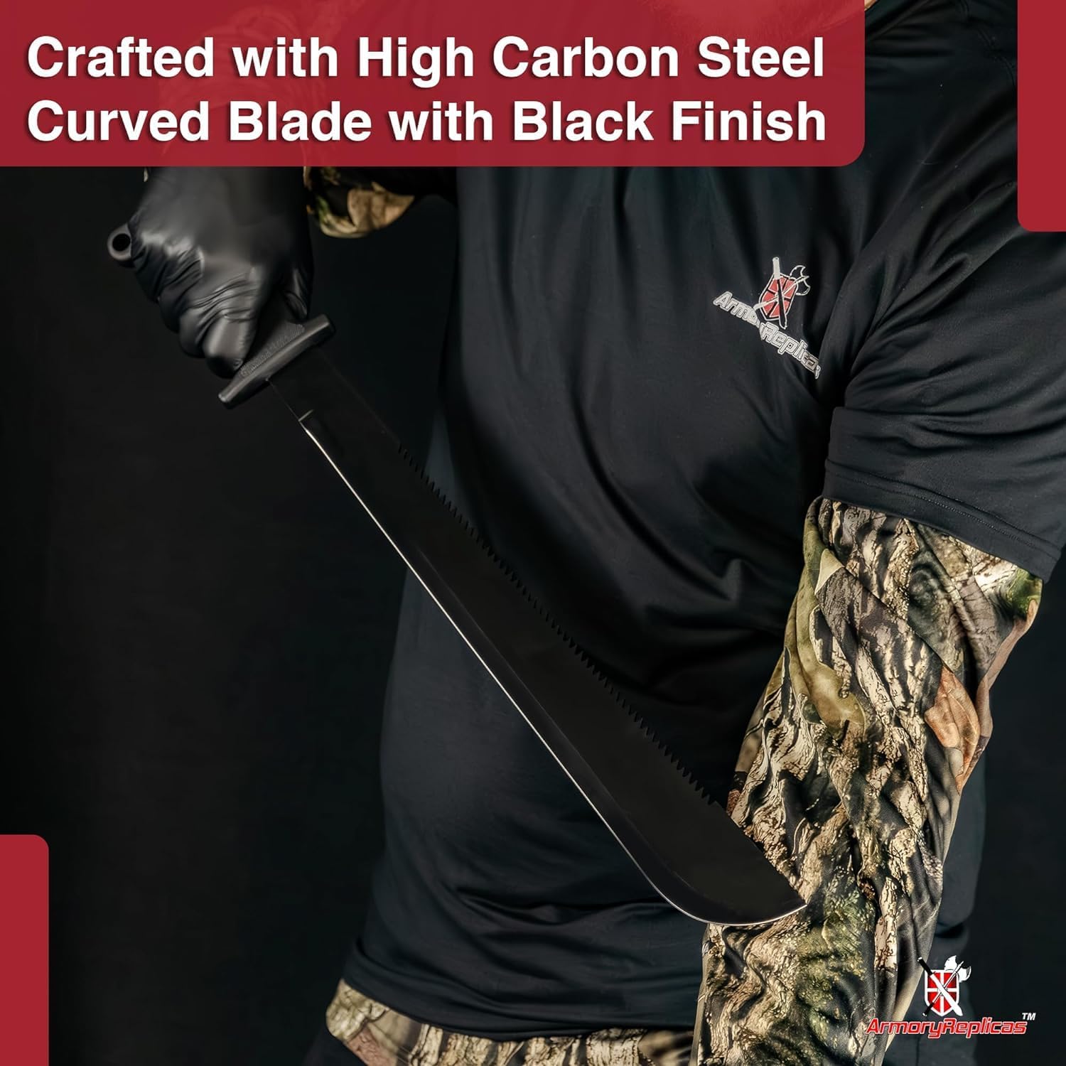 Armory Replicas - Night Stalker Sawback Latin Functional Outdoor Machete Knife - 17.75" Carbon Steel Blade, Anodized Black Finish, Rubberized Handle, Nylon Sheath Included