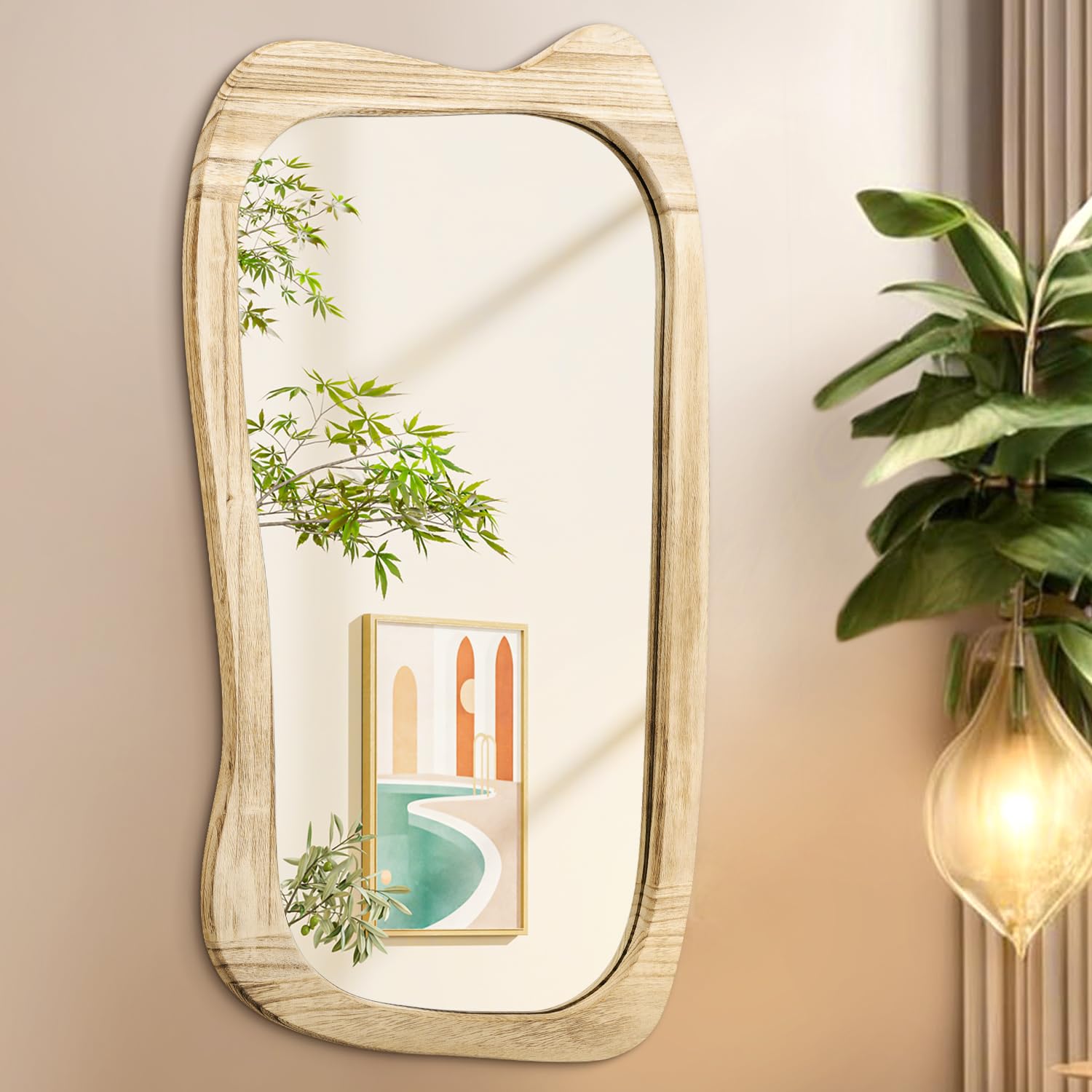 Aazzkang Natural Asymmetrical Wall Mirror Large 70X40cm Rustic Irregular Vanity Mirrors Decorative Wood Framed For Bathroom Bedroom Living Room Hallway