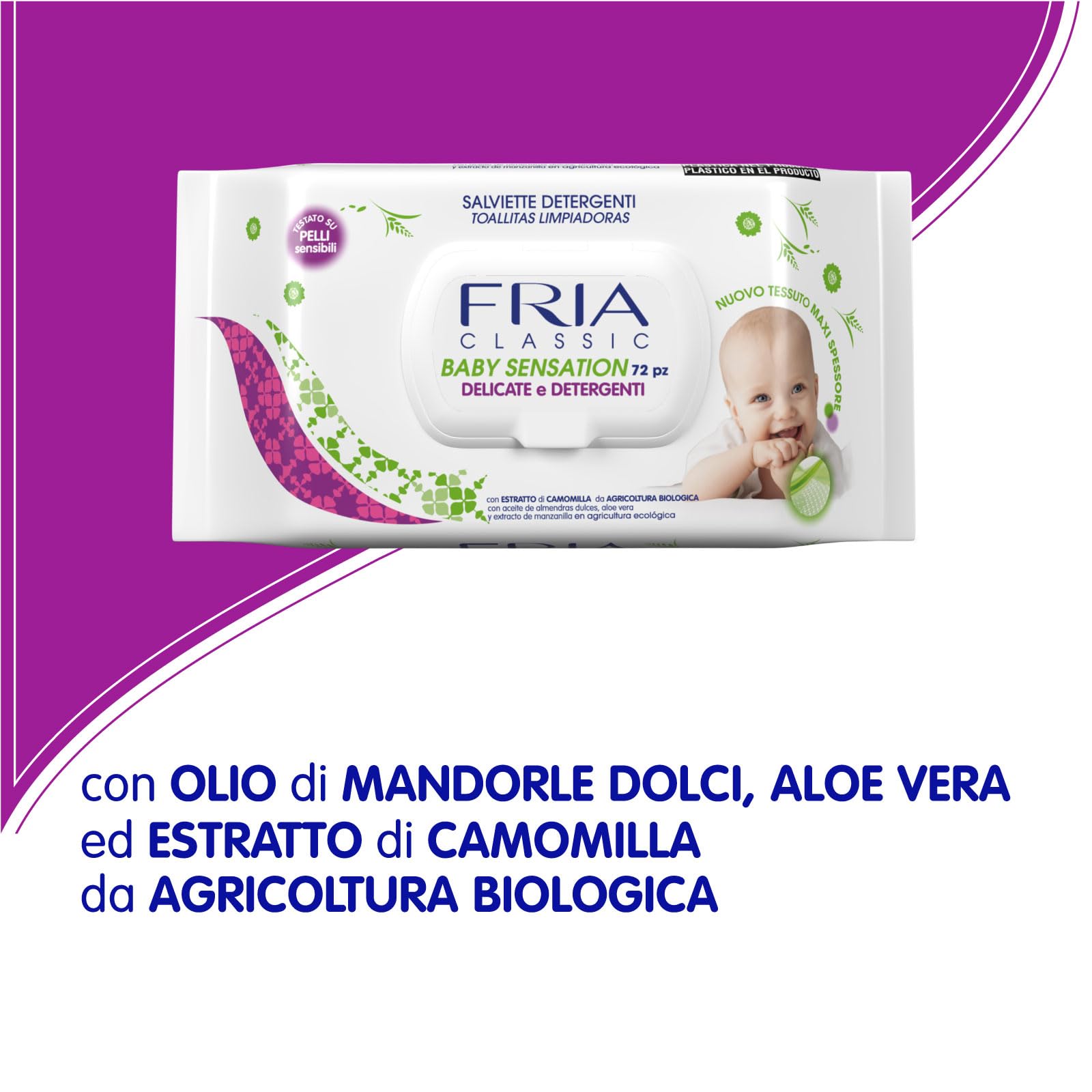 Salviette per Bambini Baby Sensation Classic con Coperchio - Estratto di Camomilla - 72 Salviette - FRIA