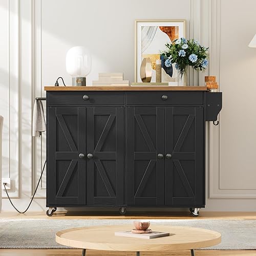 Miniatura 6 de Isla de cocina de 43.3 pulgadas con estación de carga, isla de cocina rodante con almacenamiento, carrito de isla de cocina con estante de especias