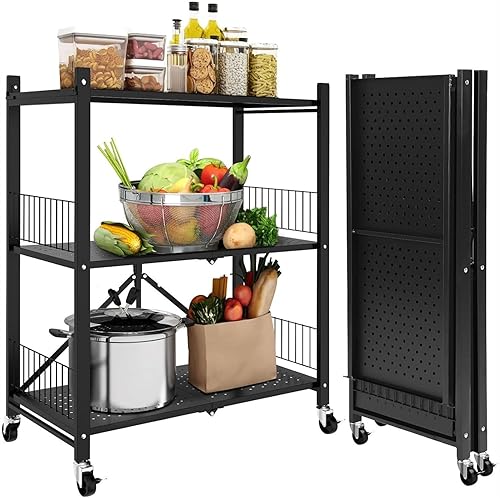 Miniatura 9 de Estantes plegables de almacenamiento, estantes plegables de metal con ruedas, estantes y estantes de almacenamiento, estantes rodantes, estantes