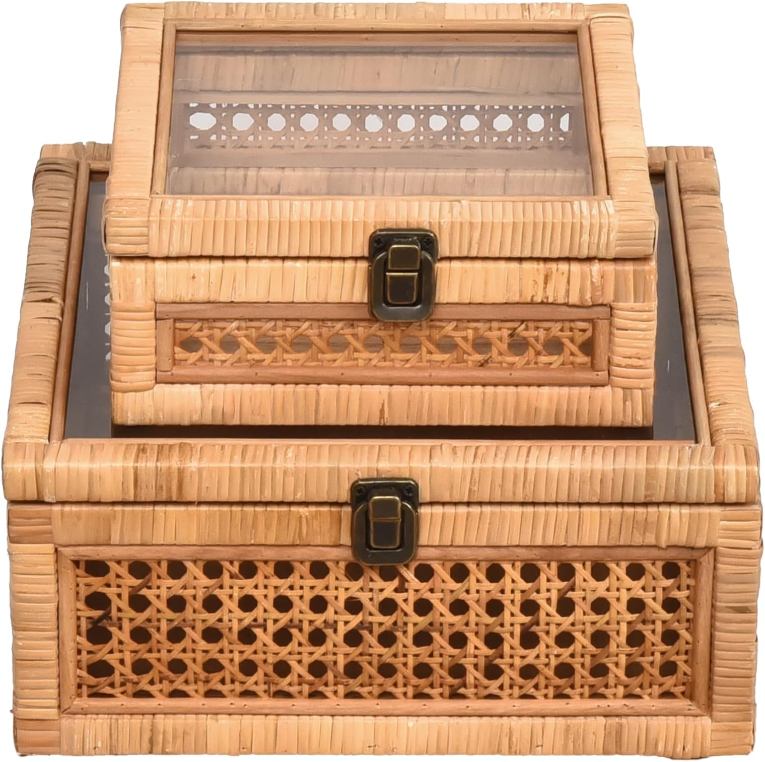 DECOR4SEASONRattan and Cane Square Stacking Boxes with Glass Top Lid - Set of 2 for Boho, and Rustic Farmhouse Decor