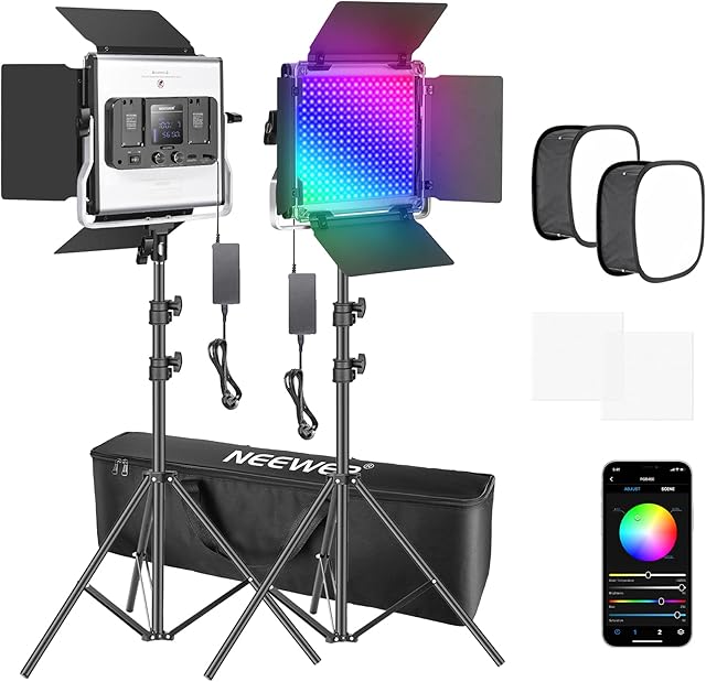 Neewer 2 Packs 480 RGB Led Light with APP Control, Photography Video Lighting Kit with Stands and Softbox, 480 SMD LEDs CRI95/3200K-5600K/Brightness 0-100%/0-360 Adjustable Colors/9 Applicable Scenes