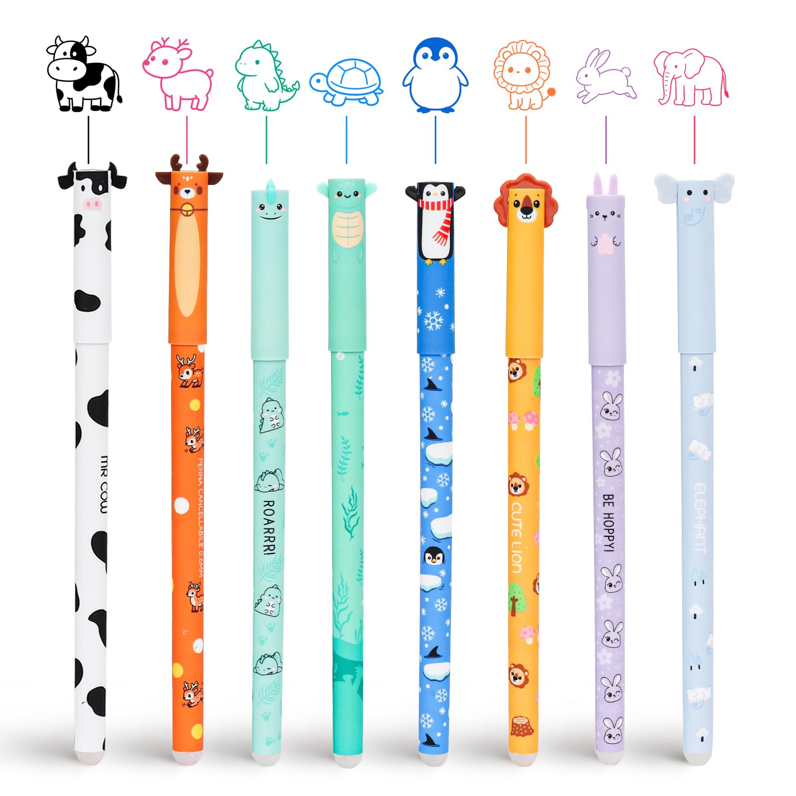 Juego de 8 bolígrafos de gel borrables y tinta de borrado termosensible, varios colores de tinta y motivos de animales, punta de 0,6 mm, para material escolar y de oficina