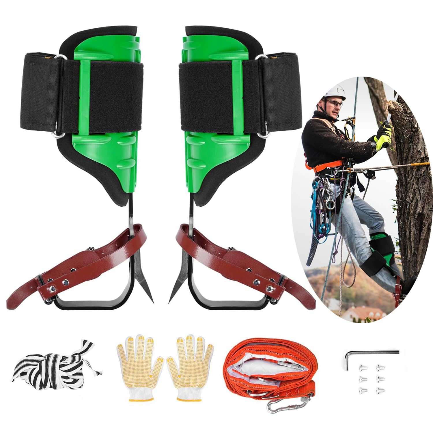 bimti Tree Climbing Spikes Set, Adjustable Arborist Equipment 300lbs Load Capacity, Tree Climbing Gear with Safe Belt for Climbers, Fruit Picking,