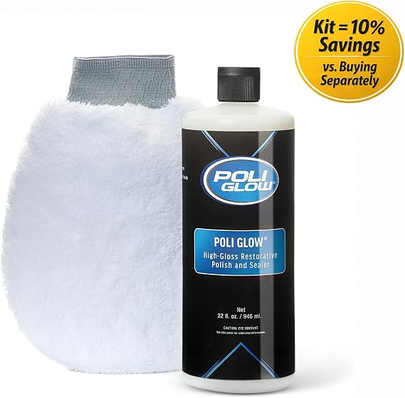Poli Glow Boat & RV Polish Kit with Applicator Mitt - 32 oz High-Gloss Fiberglass Polish for Boats and RVs - Easy to Apply, Long-Lasting Shine - Hydrophobic Boat Cleaner - UV Protection - 2-in-1 Kit