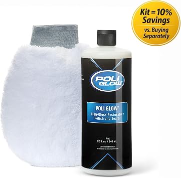 Poli Glow Boat & RV Polish Kit with Applicator Mitt - 32 oz High-Gloss Fiberglass Polish for Boats and RVs - Easy to Apply, Long-Lasting Shine - Hydrophobic Boat Cleaner - UV Protection - 2-in-1 Kit