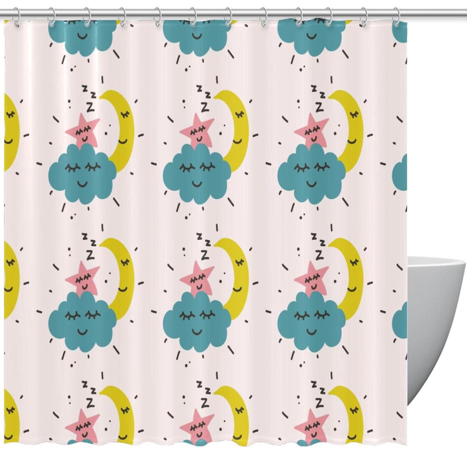 Rideau de douche lune étoile nuage pour salle de bain 60x72 cm avec 12 crochets