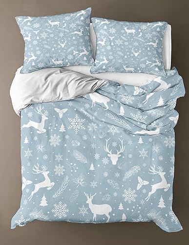 Miniatura 6 de Juego de funda de edredón de Navidad tamaño King, copos de nieve, temática de Navidad, ciervos, estampado de árboles de dibujos animados, funda de