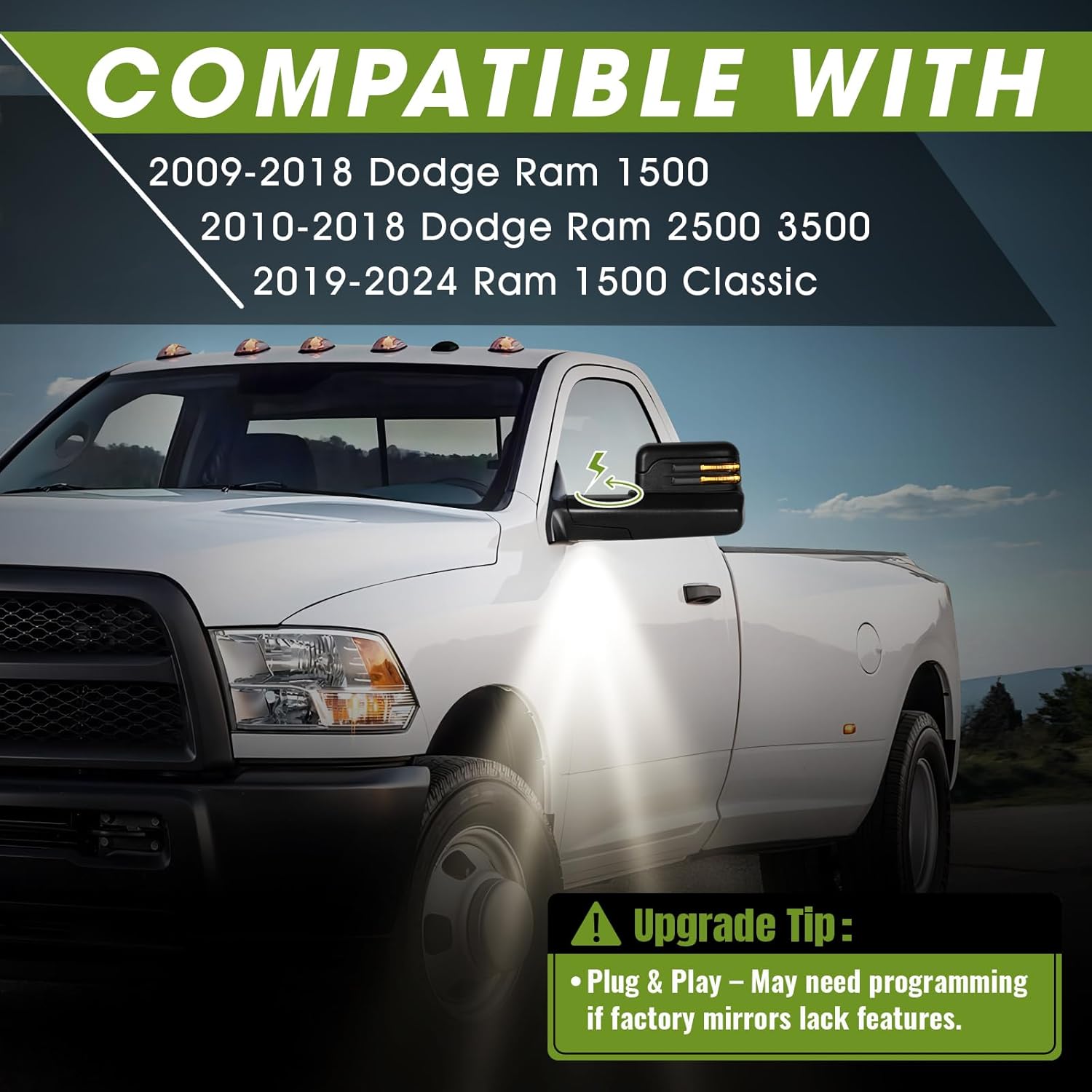 Power Folding Tow Mirrors for Ram 1500(2009-2018), 2500 3500(2010-2018), Ram Classic(2019-2024) with Power Heated Blinker Puddle Light Manual Flip Up-Pair