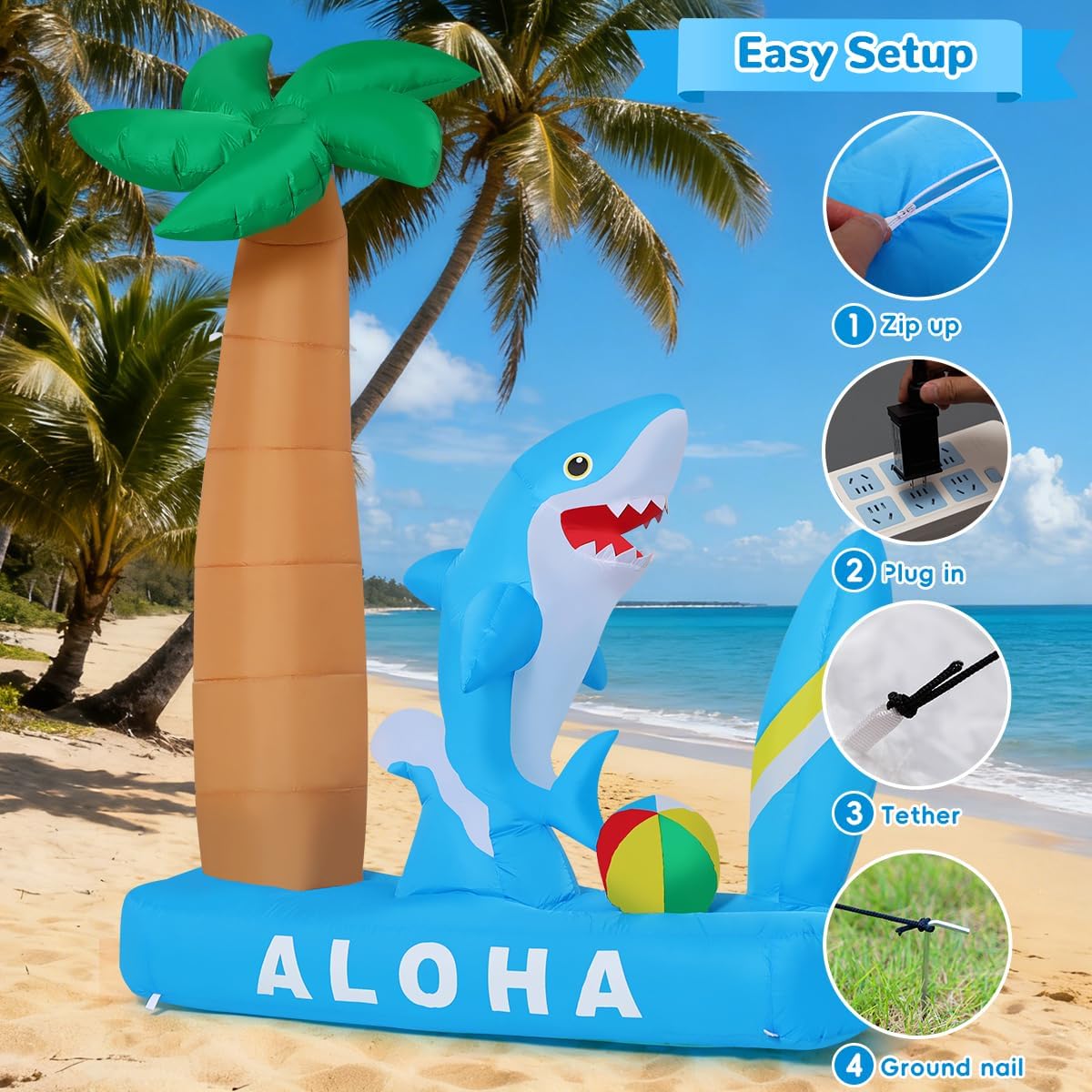GOOSH 7.4 FT Summer Inflatable Shark with Palm Tree, Surfboard & Beach Ball Outdoor Blow Up Yard Decoration with LED Lights for Hawaiian Beach Party Garden Lawn Birthday Pool Decor