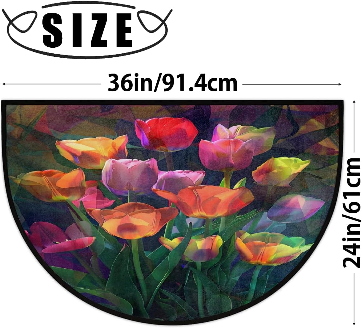 Pardick Half Round Doormat Semi Circle Rug Flower Color Tulip Non Slip Indoor Outdoor Entrance Half Moon Rug Absorbent Durable Washable Front Floor Mat for Kitchen Bathroom Patio Fireplace