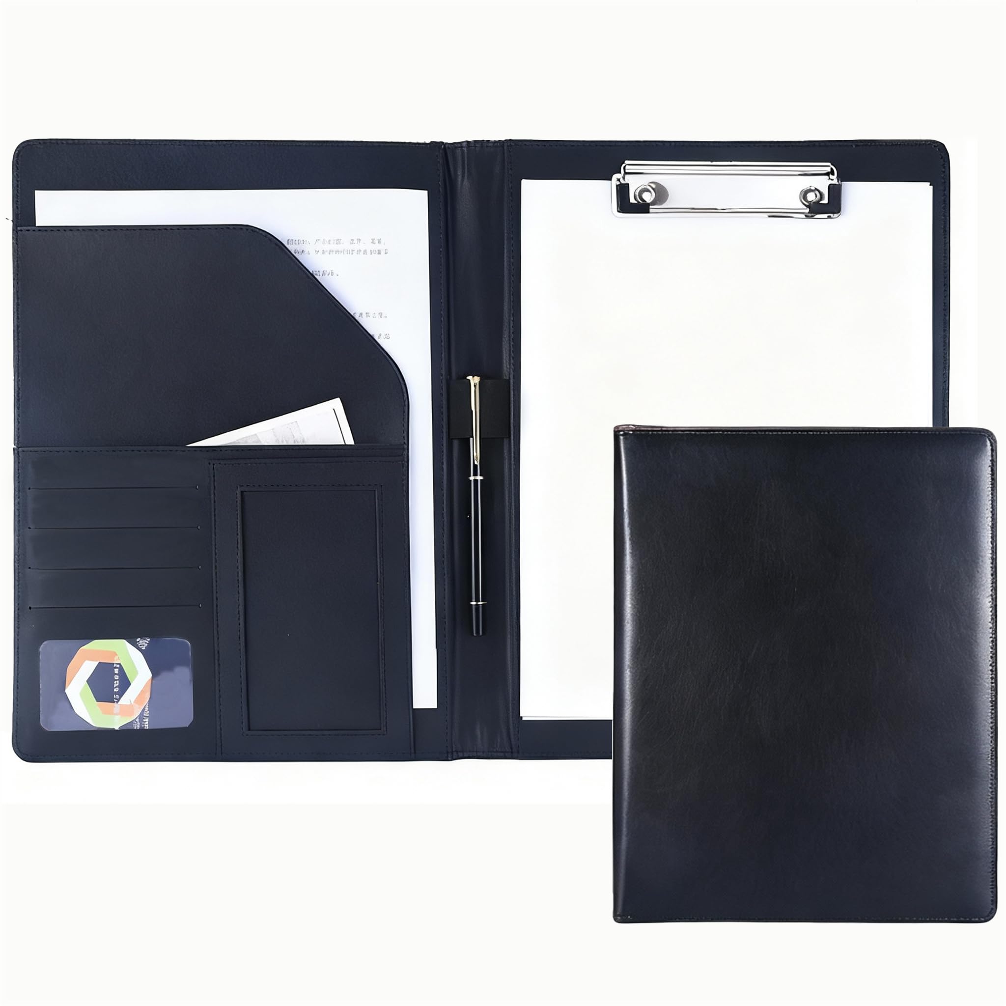 FXNT Professional A4 Clipboard Folder - PU Leather Padfolio Organizer with Clipboard, Business Portfolio for Resume, Documents, Meetings (Black)
