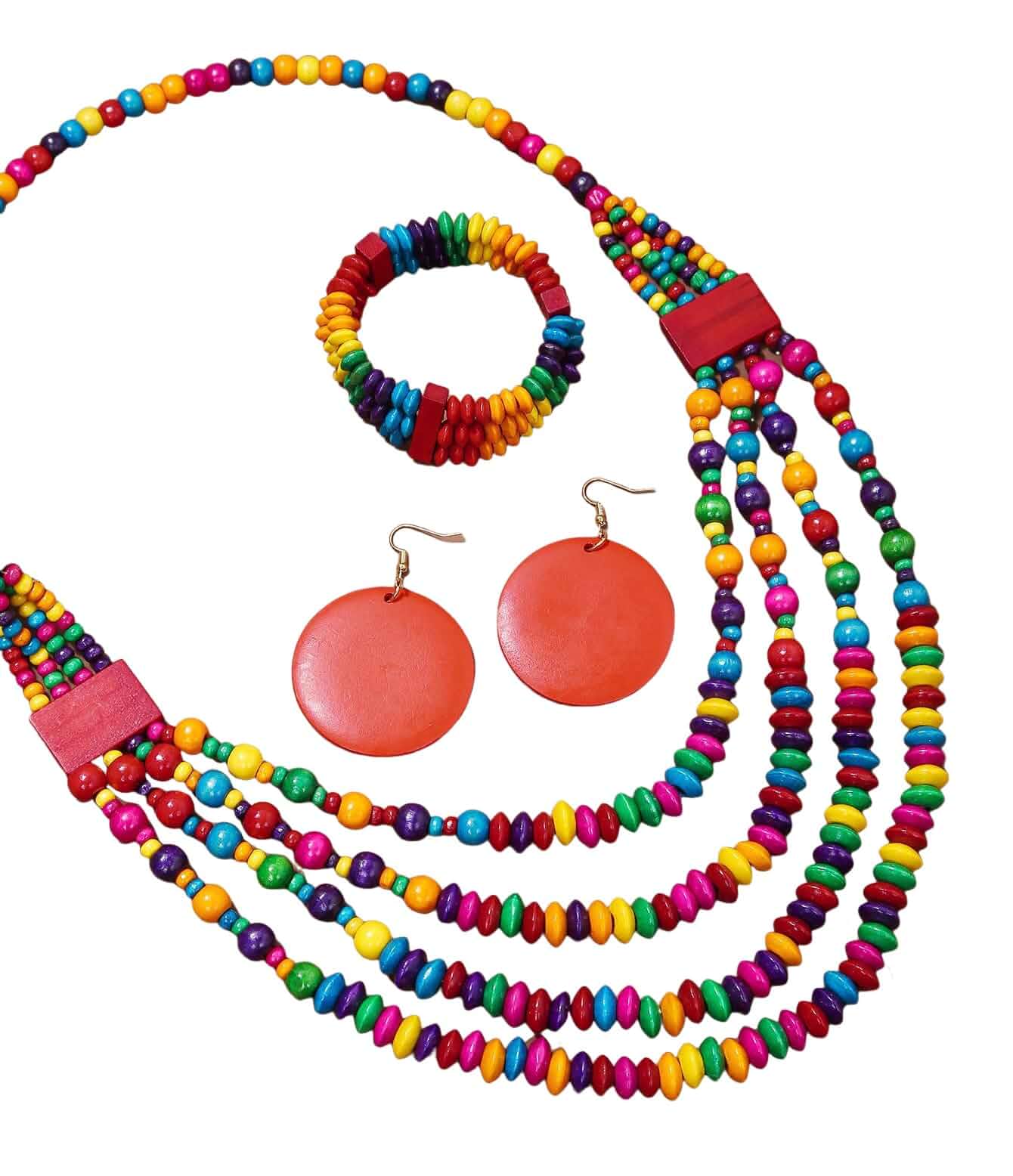 Colorful Ethnic Wooden Earrings Round Statement Dangle Earrings Multilayered Geometric Beaded Bracelet Necklace Set for Women Exaggerated Tribal Jewelry
