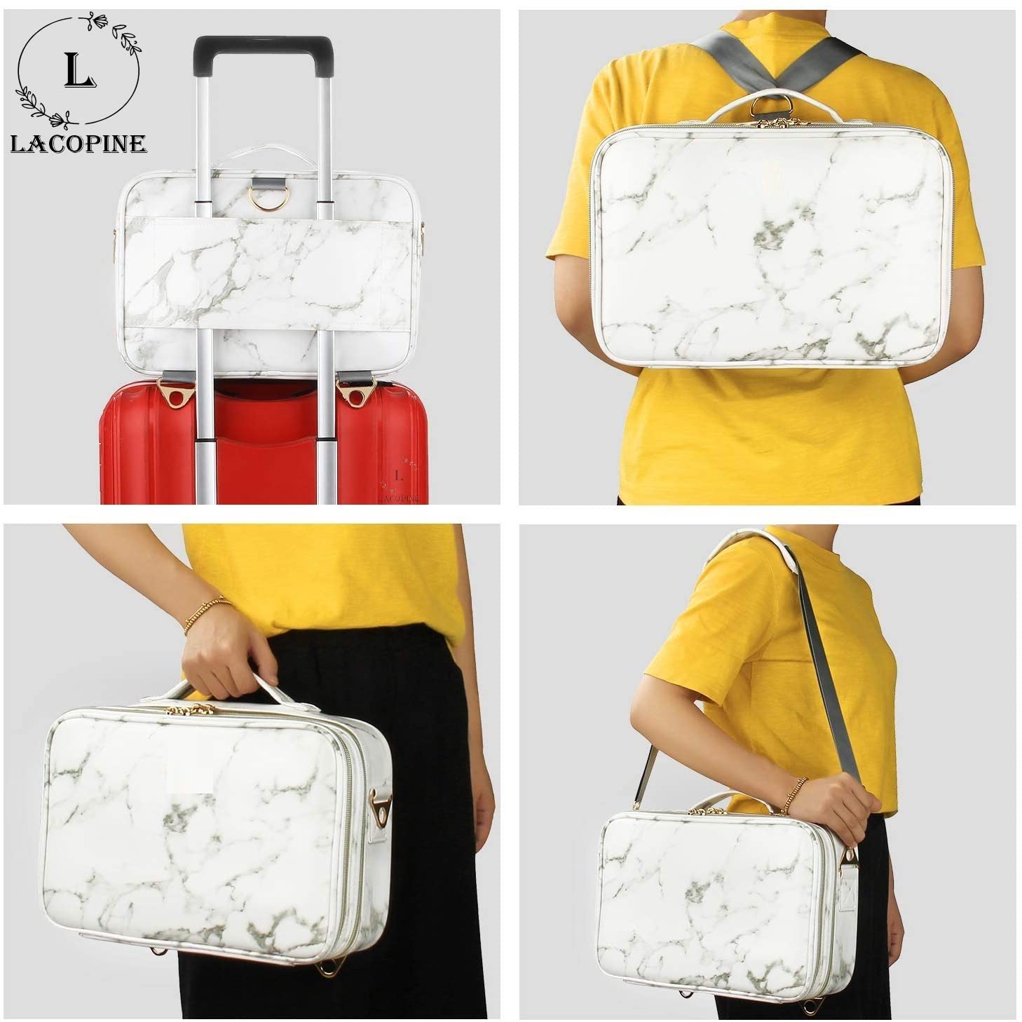 LACOPINE 28cms Large Nylon Makeup Organizer Bag Travel Train Case Portable Cosmetic Bag with Adjustable Dividers for Makeup Brushes (18 Inch (2 Layer)_Travel Makeup Case_White) - Image 8 thumbnail