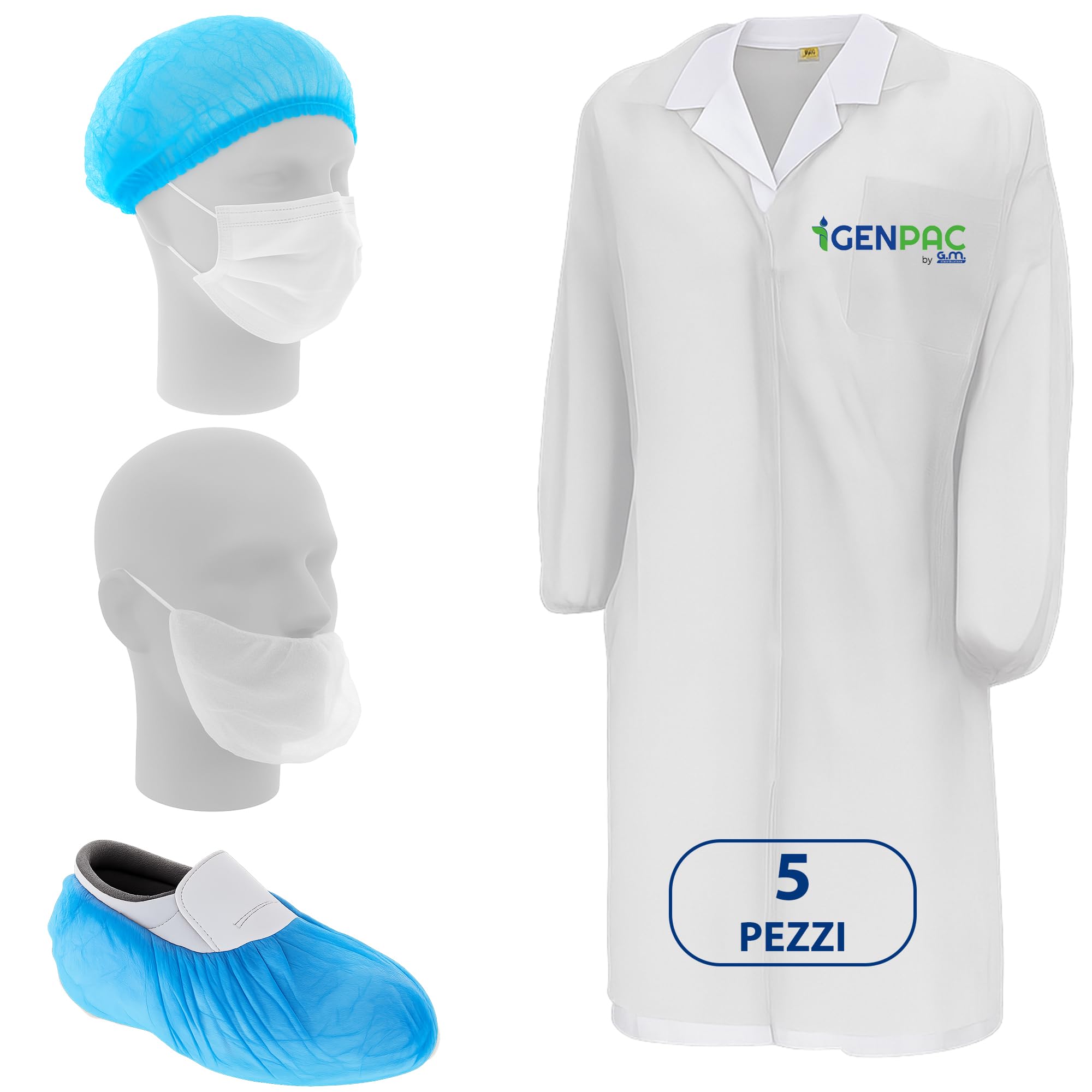 Kit Visitatore Monouso Bianco con Camice, Copriscarpe, Cuffia, Copribarba e Mascherina