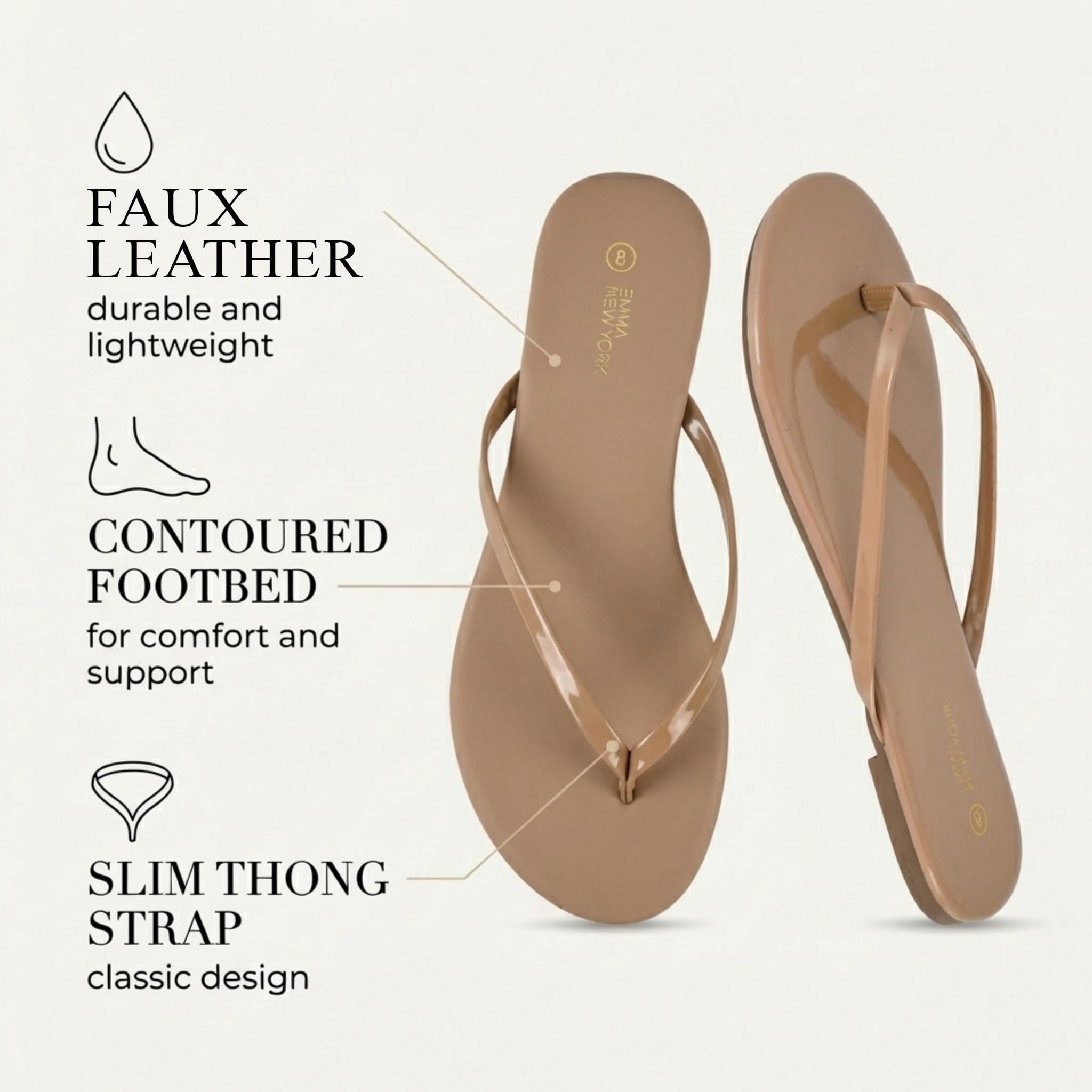EMMA NEW YORK Flat Sandals for Women, Thong Flip Flops for Women, Cushioned Footbed, Slim Strap (Gold, 8)