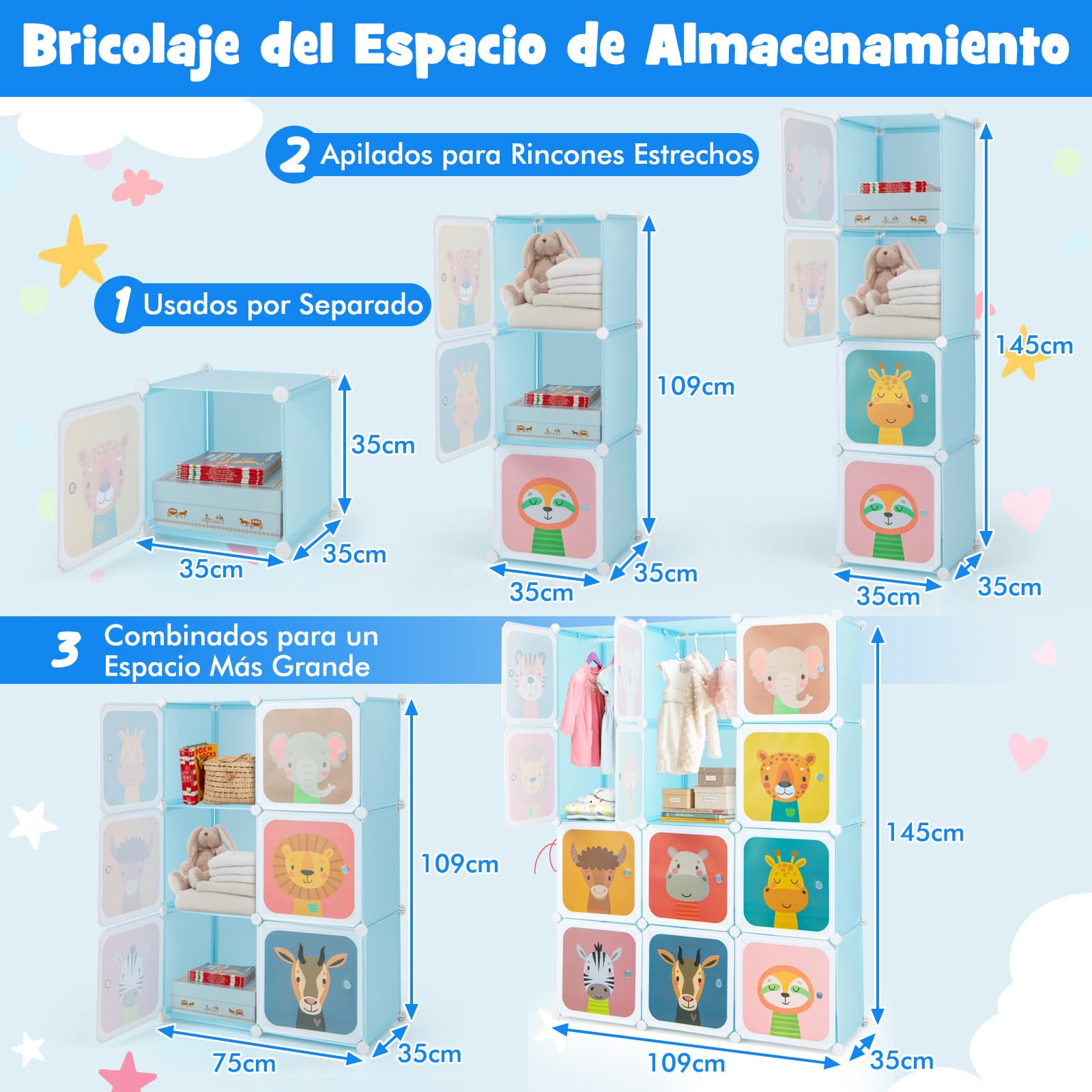 GOPLUS Armario Infantil Modular 12 Cubos 2 Barras Colgar Estante Animales Juguetes Zapatos Habitación Azul