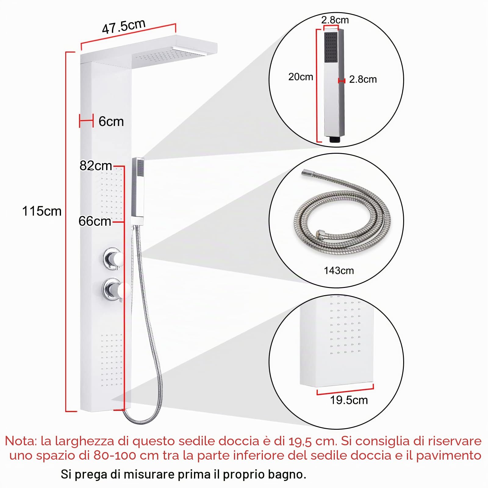LARS360 Pannello doccia rubinetto doccia in acciaio inox 4 in 1 sistema doccia con doccetta a pioggia, doccia a pioggia, doccia a cascata, set doccia per bagno doccia, pannello doccia bianco