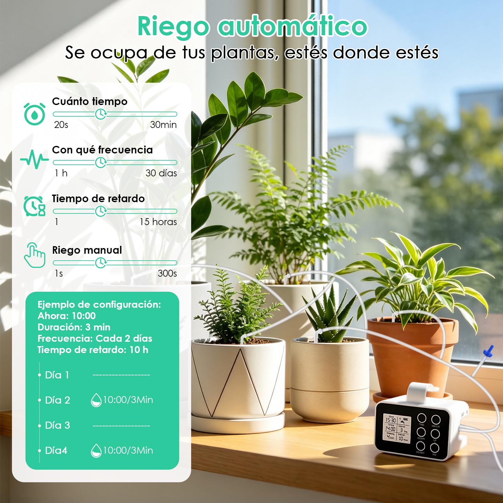 ZWOOS Riego Automático, Sistema De Riego Automático con Temporizador, 20 Goteros & Manguera 15M, Batería 2000mAh, USB-C, Kit De Riego Por Goteo para Huerto Elevado, Invernadero & Plantas