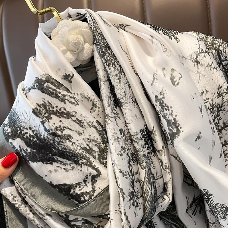 Image of Premium Silk Stole for Women | Lightweight Printed Silk Scarf & Hijab | Elegant Party (72 x 36 Inch) (Black and White Tree Print)