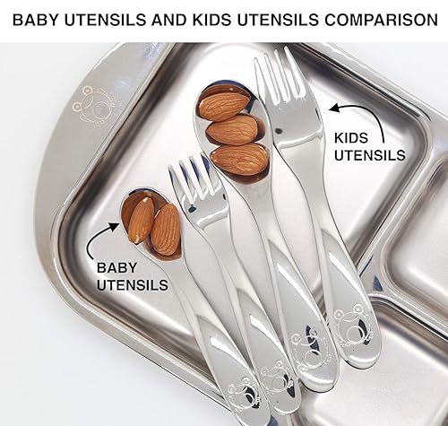 Miniatura 6 de Juego de utensilios para bebés – 5 piezas de acero inoxidable (304) cucharas, tenedores y empujador de alimentos Sin BPA, sin plomo Destete