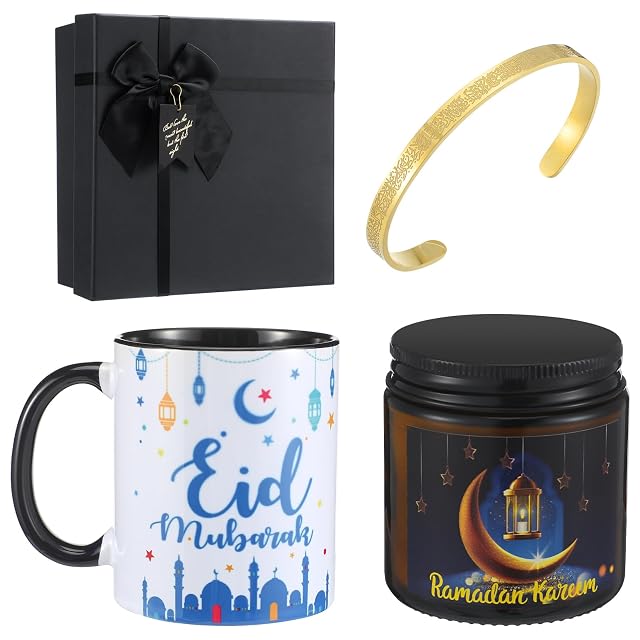 Meanplan 4 Pcs Islamic Ramadan Eid Gifts Mubarak Mug Ramadan Scented Candles Allah Gold Bangles Bracelets Jewelry Gift