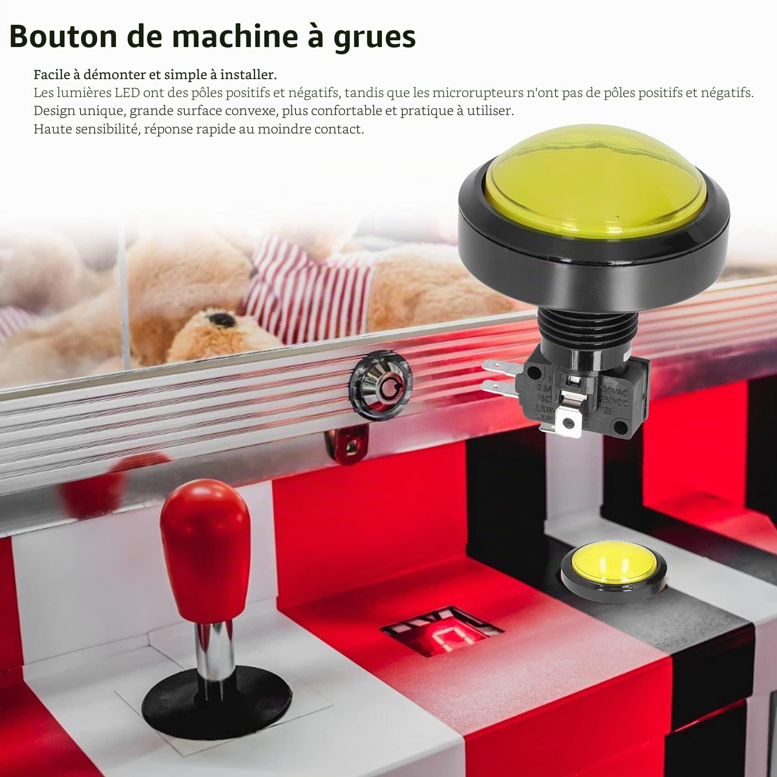 Bouton D'arcade 60 Mm Avec LED – Gros Bouton Convexe Américain Haute Sensibilité, Micro-interrupteur Intégré – Idéal Pour Bornes Et Consoles DIY