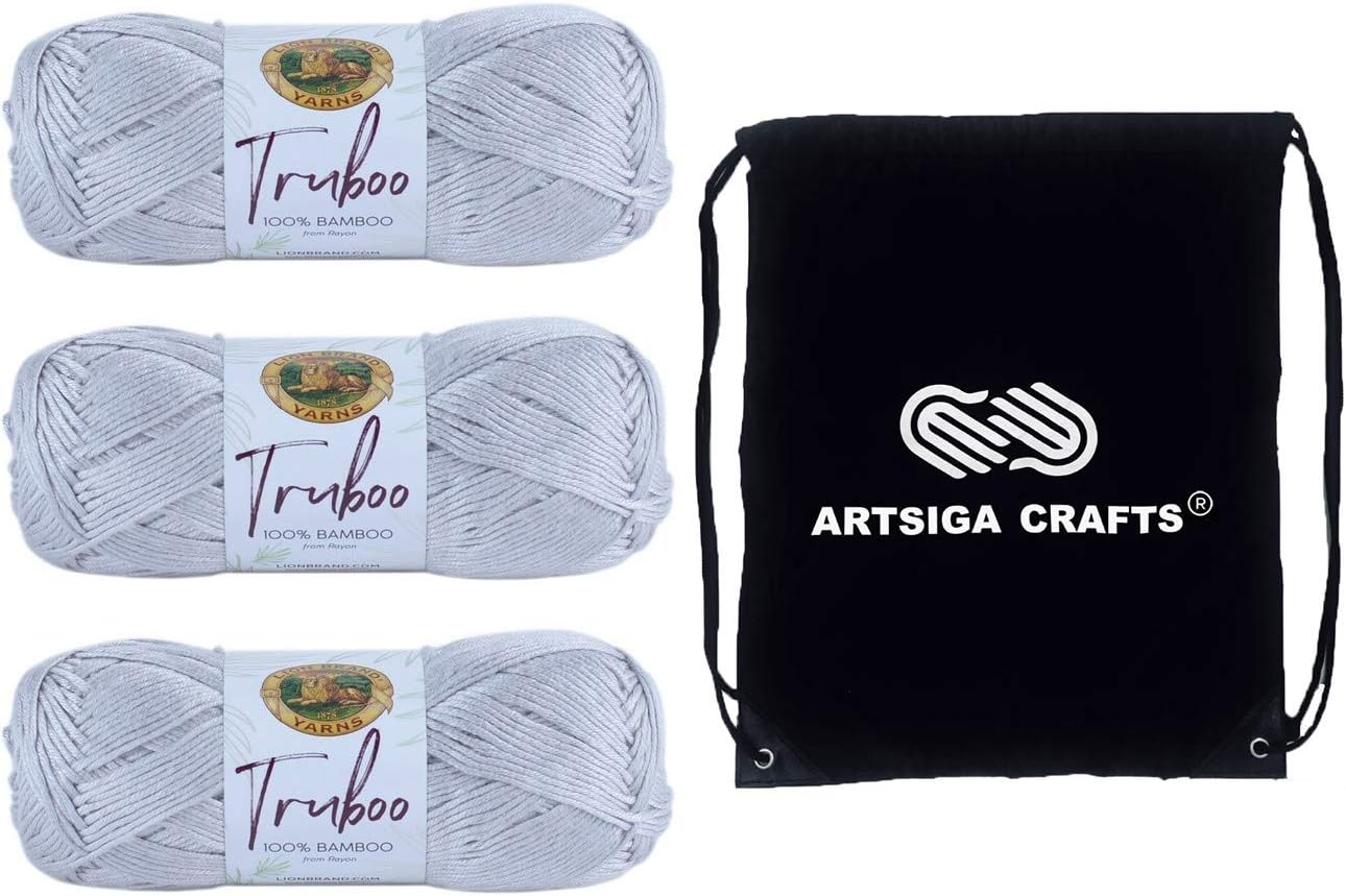 Lion Brand Truboo Light Blue 837-105 (3-Skeins - Same Dye Lot) DK Light Worsted #3 Rayon Yarn for Crocheting and Knitting with Project Bag