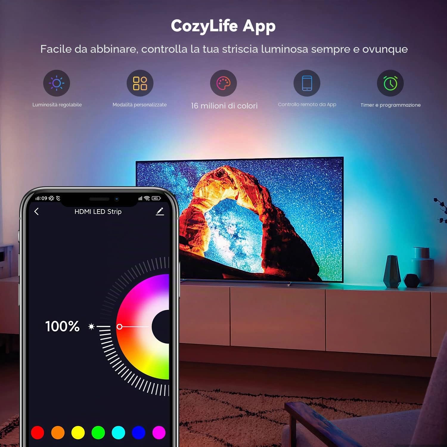 Retroilluminazione TV a LED con scatola di sincronizzazione HDMI per TV da 75-85 pollici, 5 m, RGBIC WiFi, striscia luminosa a LED
