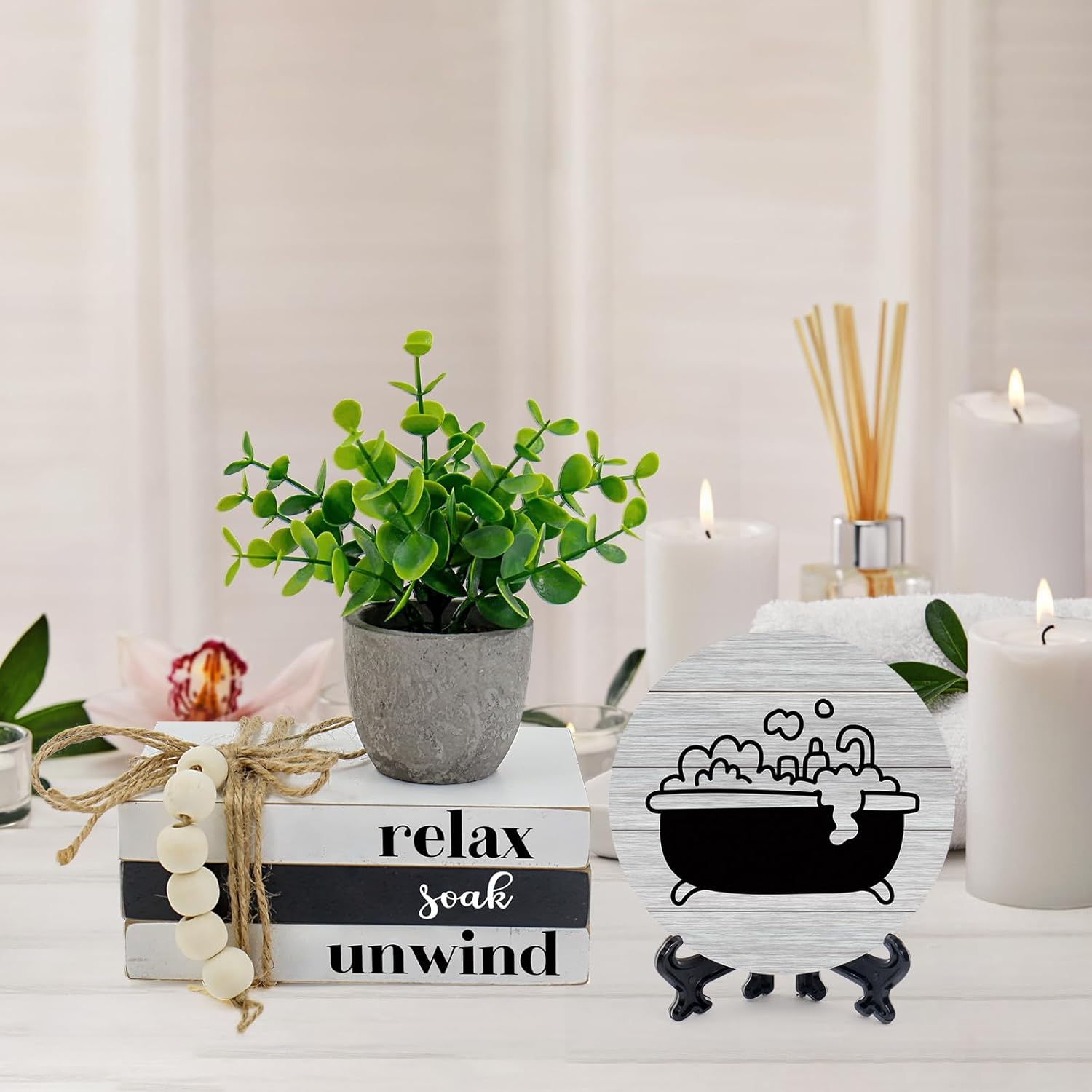 Bathroom Shelf Decor Signs, Modern Farmhouse Bathroom Decor Signs, Funny Wooden Rustic Decor for Restroom Shelf Guest Bath Thanksgiving Christmas Gift(Relax Soak Unwind)