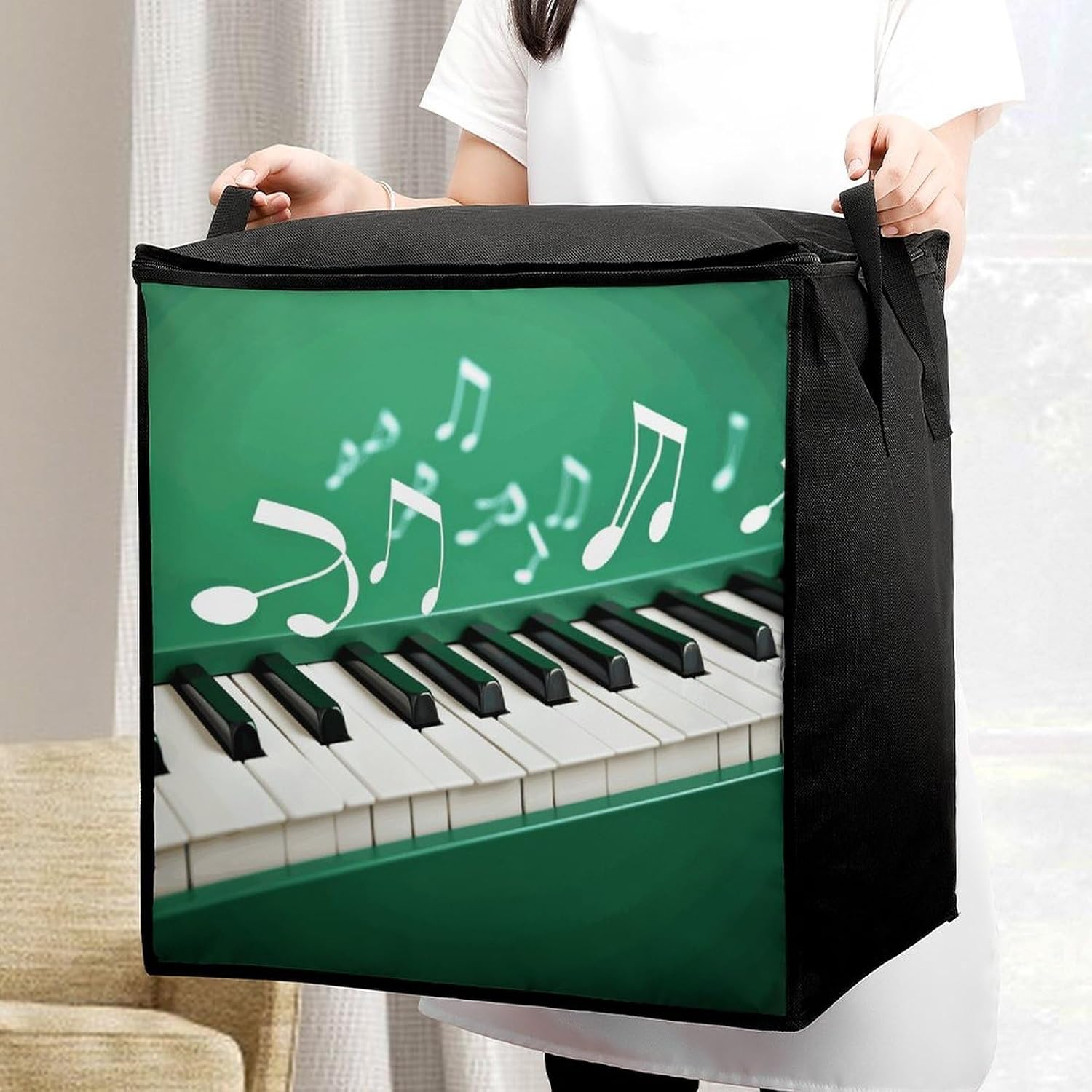 Green And White Piano Keys Storage Bag with Zippers And Handle Extra Large Bedding Comforter Storage Bag Foldable Blanket Storage Bags Fabric Moving Bags for Closet Organizer (70L)