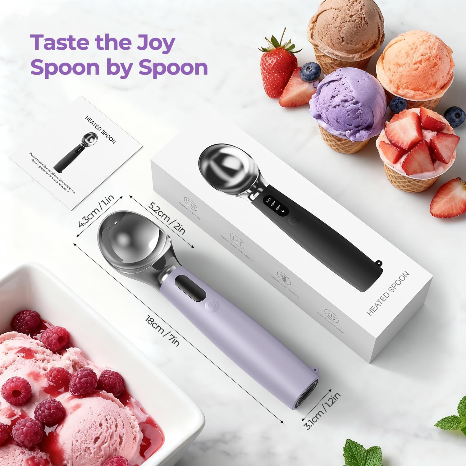 Heated Ice Cream Scoop Rechargeable, 3-Speed Electric Warming Ice Cream Scooper with LED Display, Heats to 160°F for Hard Ice Cream and More, Easy for Seniors & Kids, IP67 Waterproof, Easy to Clean