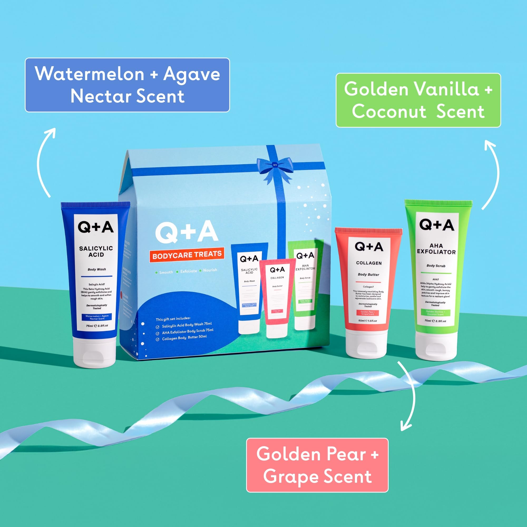 Q+A Bodycare Treats Gift Set, 3-Step Routine for Smooth Soft Skin, Salicylic Acid Body Wash (75ml) - Image 3