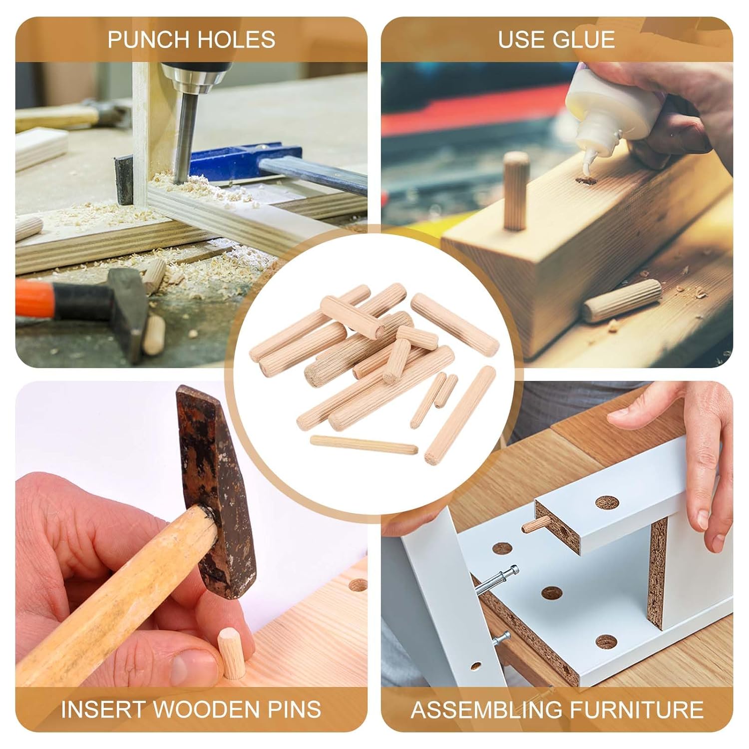 PATIKIL 95 Pcs Wood Dowel Pins 1/4" x 1" Fluted Wooden Dowels Hardwood Pegs for Woodworking Furniture DIY Crafts Projects Door Art