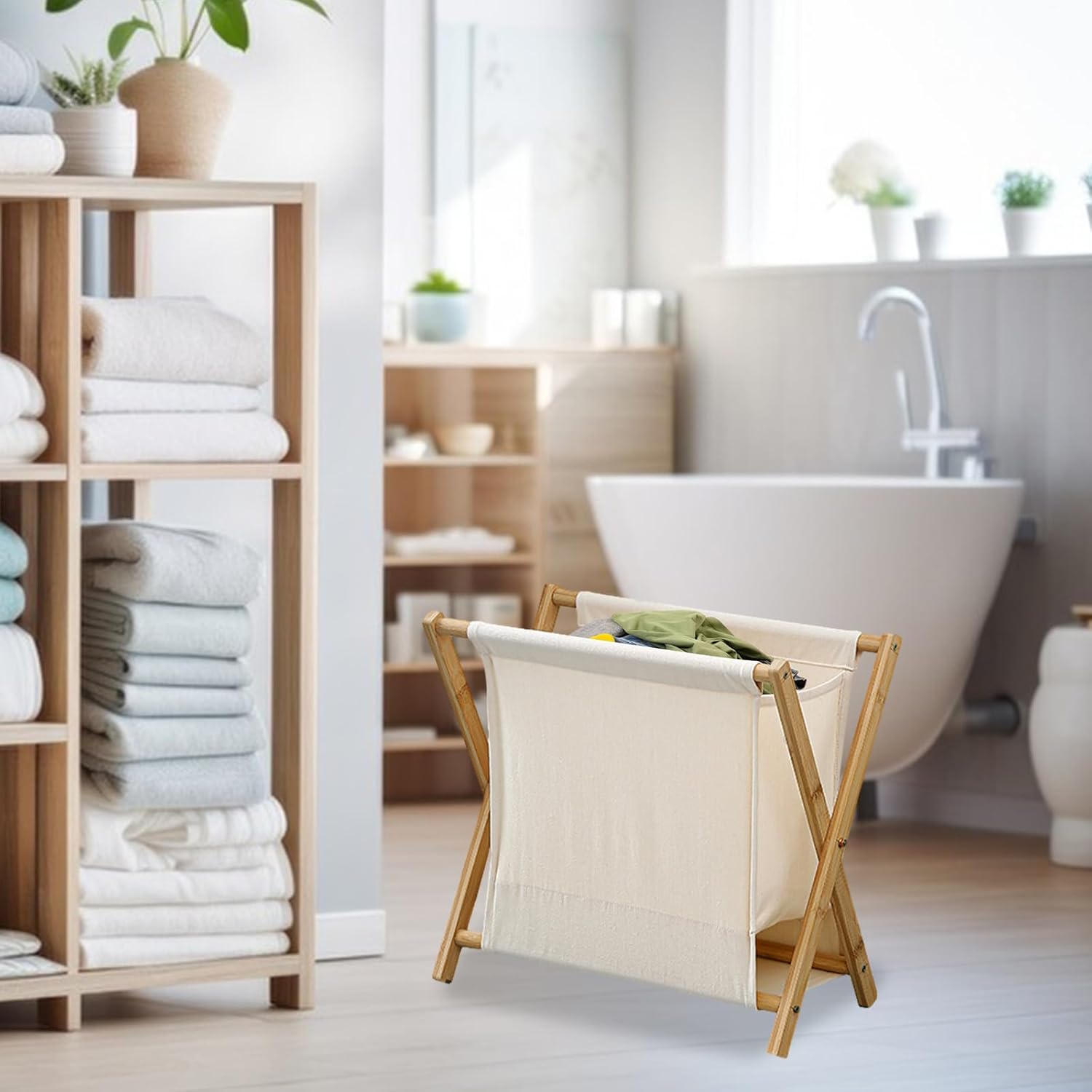 Wooden Laundry Hamper – Wood Frame, Cotton Laundry Bag, Organizer | Space-saving X-frame Clothes Basket With Durable Linen Fabric | Perfect For Bedroom, Home Laundrry, Dorm Room, Closet