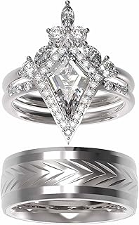 Couple Ring Bridal Set His And Hers Women 10k White Gold Filled Kite Cut Ring Set Men Titanium Band Wedding Ring Band Set