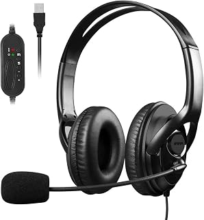 SUMCOO USB Computer Headset with Microphone, Comfort-fit Office Computer Headphone with On-Line Volume Control, Over-The-Head Headset for Webinar Laptop Call Center Students Online Study