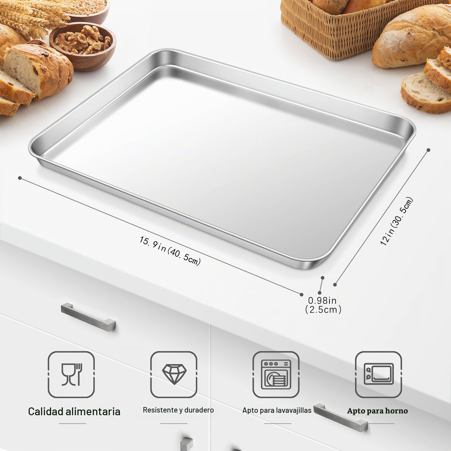 2 Piezas Bandeja De Horno, APLKER Bandejas Rectangulares de Acero Inoxidable para Hornear Servir Galletas, Pizza, 40,5 x 30,5 x 2,5cm